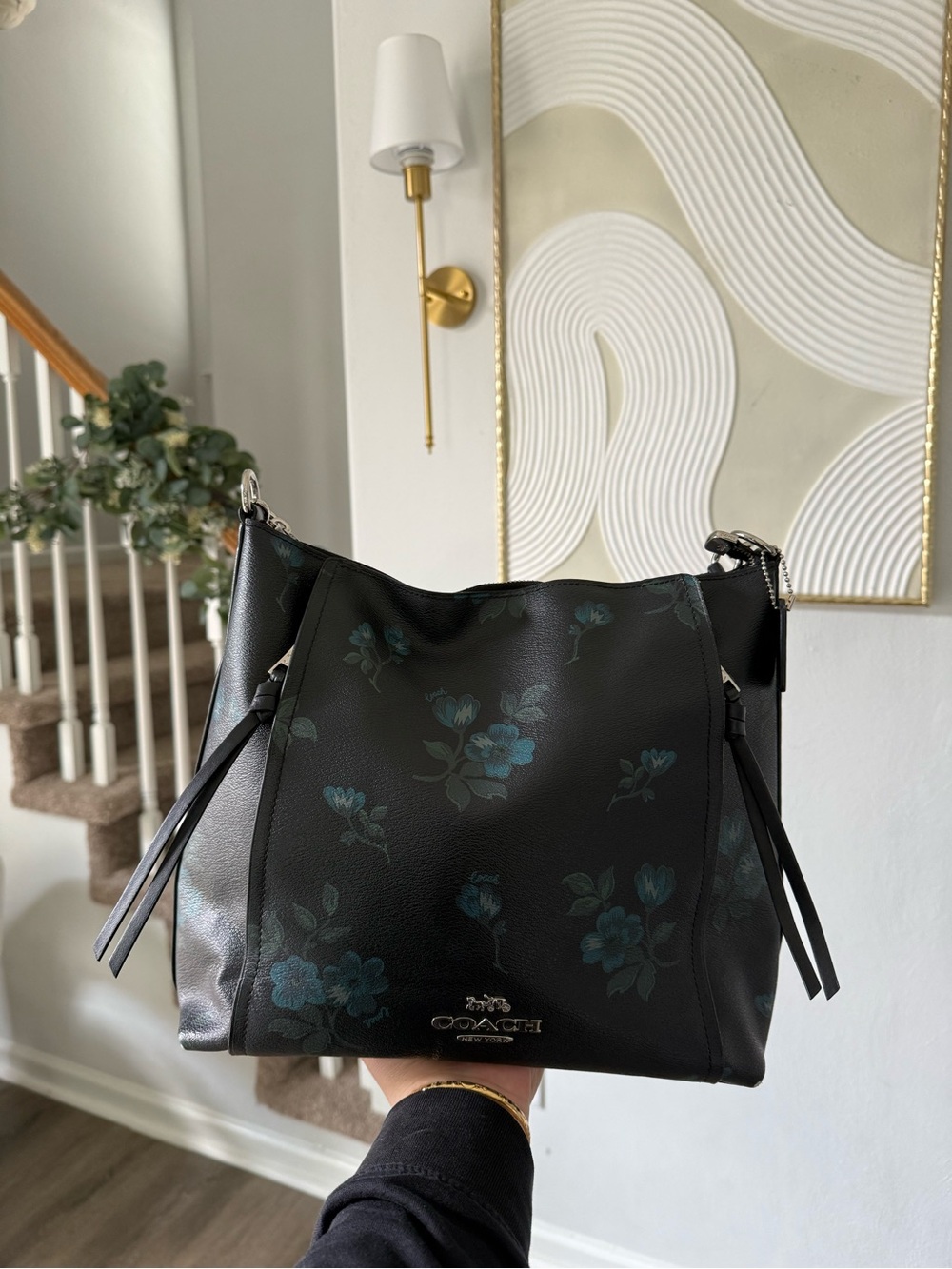 Coach Black Leather Shoulder Bag with Teal Floral Print